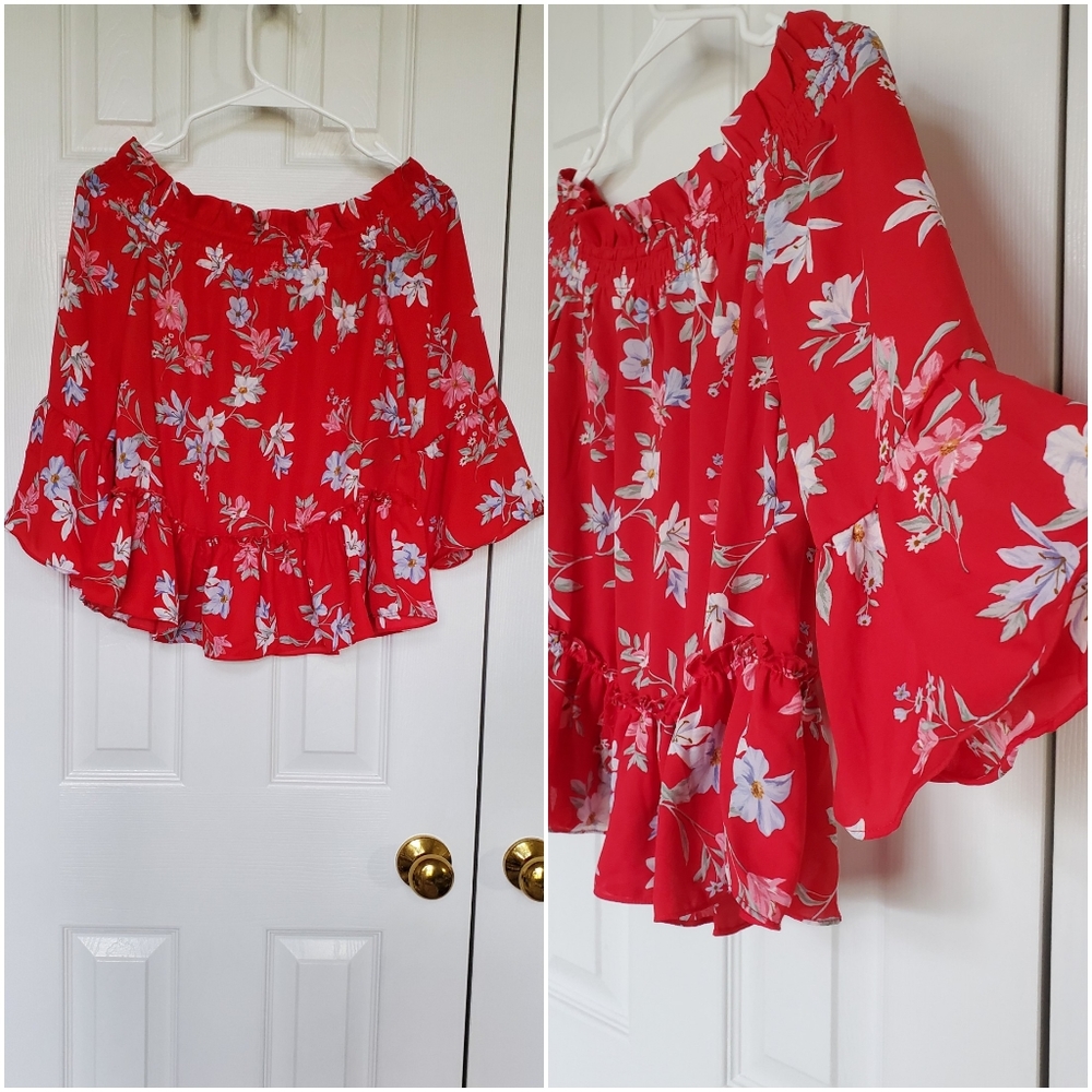 H&M Red Floral Off the shoulder top Bell Sleeve Boho